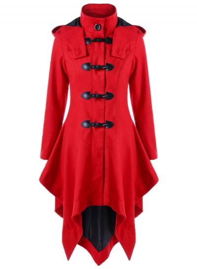 Oasap Long Sleeve Horn Button Irregular Hooded Trench Coat
