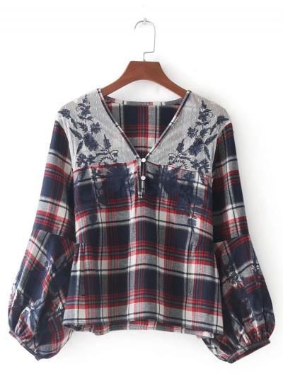 Oasap V Neck Puff Sleeve Plaid Blouse
