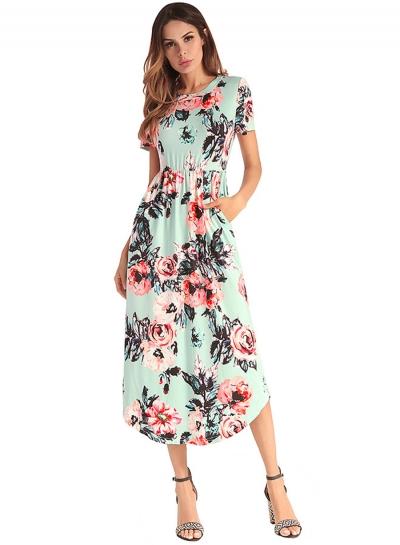 Oasap Fashion Beach Floral Printing Short Sleeve Round Neck Dress