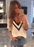 Oasap V Neck Striped Trim 3/4 Sleeve Pullover Tee