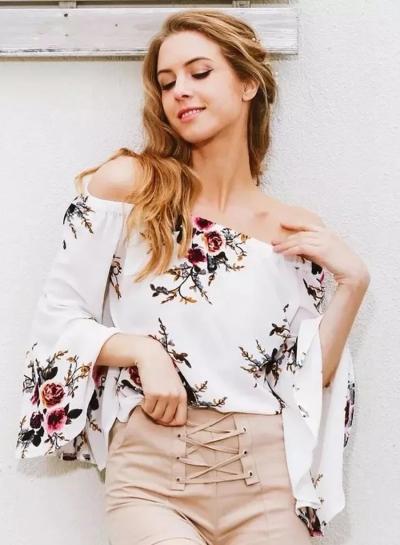 Oasap Slash Neck Long Sleeve Floral Print Blouse