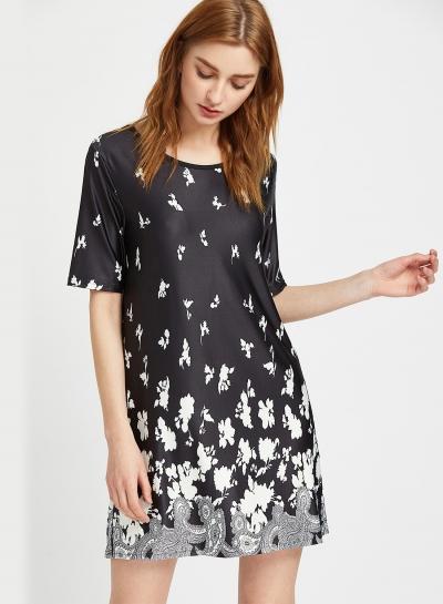 Oasap Fashion Short Sleeve Floral Printed Shift Dress