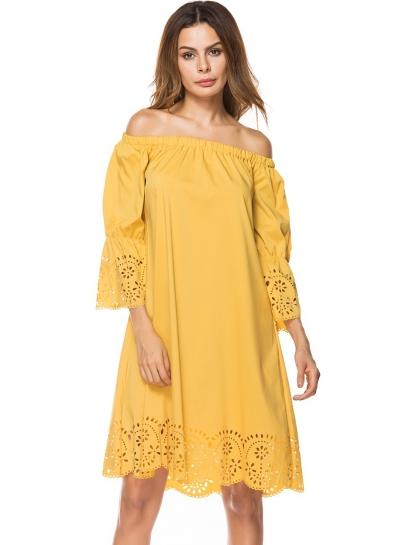 Oasap Slash Neck Three Quarter Sleeve Midi Dress