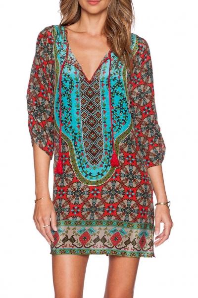 Oasap Printed Neck-tie Loose Dress