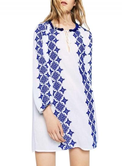 Oasap Women Casual Geo Embroidery Fringed Mini Shift Dress