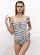 Oasap Slash Neck Short Sleeve One Piece Striped Printed Bikini Swimwear
