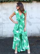 Oasap V Neck Sleeveless Ruffle Green Leaf Irregular Maxi Dress