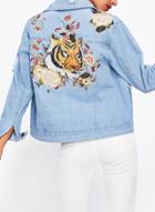 Oasap Fashion Tiger Embroidery Loose Fit Button Down Jacket