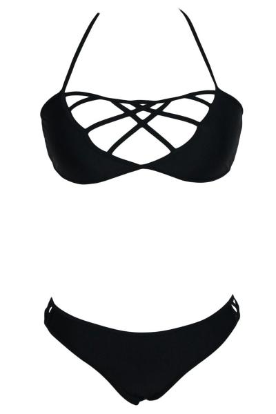 Oasap Black Hollow-out Low Rise Bikini Set