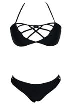 Oasap Black Hollow-out Low Rise Bikini Set