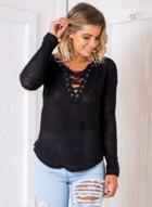 Oasap V Neck Long Sleeve Lace Up Pullover Sweater