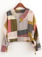 Oasap V Neck Asymmetric Plaid Spilcing Blouses