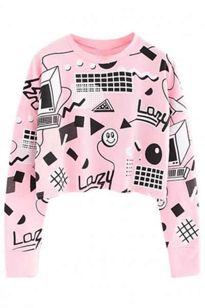 Oasap Blush Graphic Crop Sweatshirt