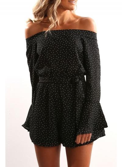 Oasap Polka Dot Slash Neck Off Shoulder Flare Sleeve Romper