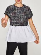 Oasap Round Neck Plaid Splicing Short Sleeve Tops