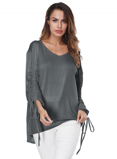 Oasap V Neck Long Sleeve Tassels Decoration Tee Shirt