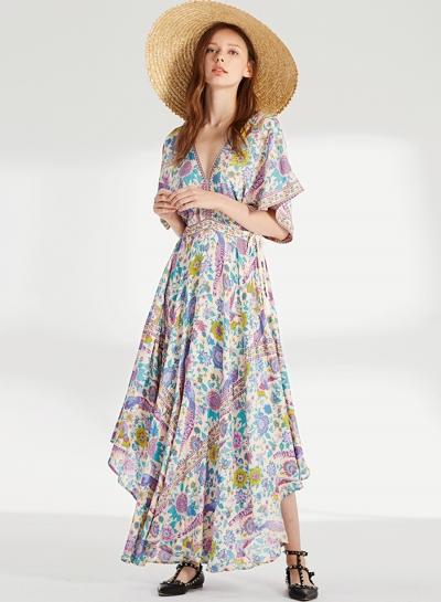 Oasap V Neck Backless Drawstring Waist Print Irregular Dress
