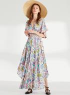 Oasap V Neck Backless Drawstring Waist Print Irregular Dress