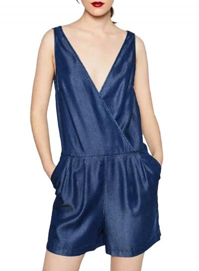 Oasap Women Faux Wrap V Neck Sleeveless Denim Romper