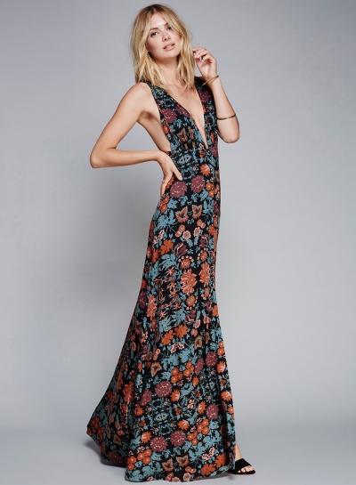 Oasap Floral V Neck Sleeveless Backless High Slit Beach Dress