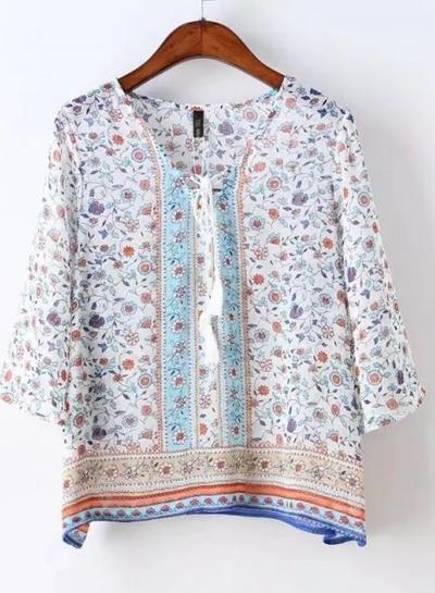 Oasap V Neck Floral Print Chiffon Blouse