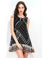 Oasap Geometric Print Round Neck Sleeveless Chiffon A-line Dress