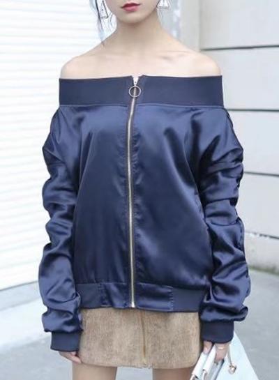 Oasap Off Shoulder Long Sleeve Front Zip Solid Jacket