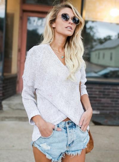 Oasap V Neck Long Sleeve Irregular Pullover Knit Sweater