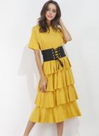 Oasap Short Sleeve High Waisted Solid Midi Dresses