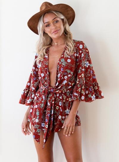 Oasap Floral Printed Deep V Neck Flare Sleeve Romper
