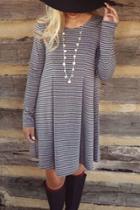 Oasap Classic Stripe Pleated Round Neck A-line Dress