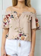 Oasap Casual Off The Shoulder Short Sleeve Floral Printed Blouse