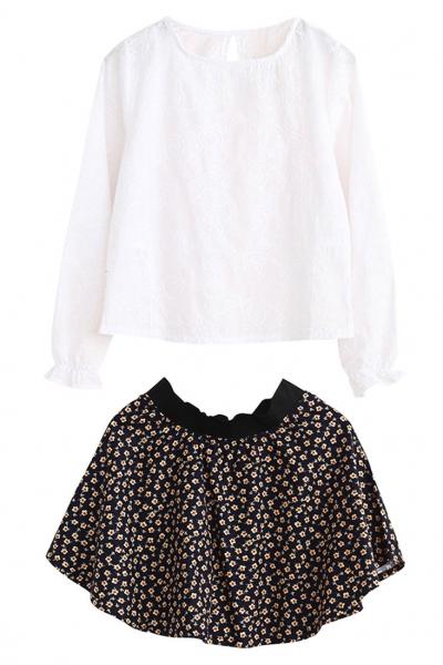 Oasap 2pcs White Blouse Floral Skirt Set