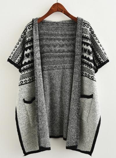 Oasap Hooded Open Front Short Sleeve Patterned Cloak Cardigan