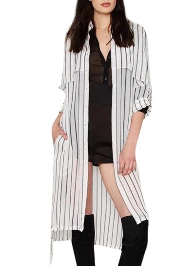 Oasap Women's Turn Down Collar Stripe Print Button Down Chiffon Shirt