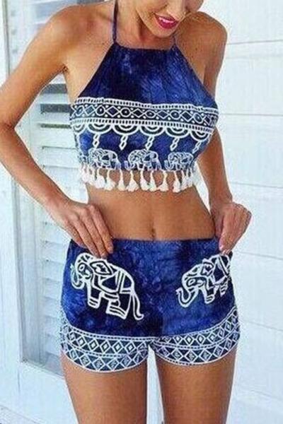 Oasap India Elephant Crop Top Shorts Matching Sets