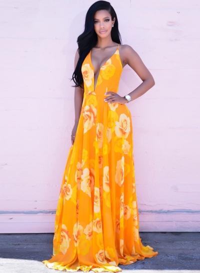 Oasap V Neck Sleeveless Backless Floral Printed Maxi Bohemian Dress