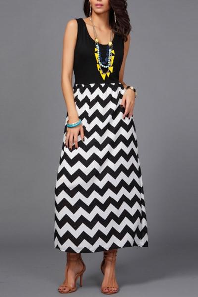 Oasap Contrast Chevron Print Sleeveless Midi Dress