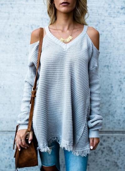 Oasap V Neck Off Shoulder Long Sleeve Fringe Sweater