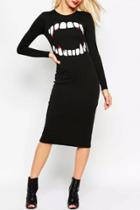 Oasap Black Vampire Teeth Print Round Neck Shift Dress