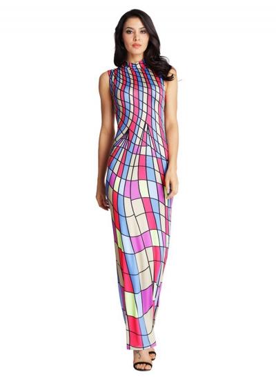 Oasap Fashion Mock Neck Sleeveless Striped Maxi Dress