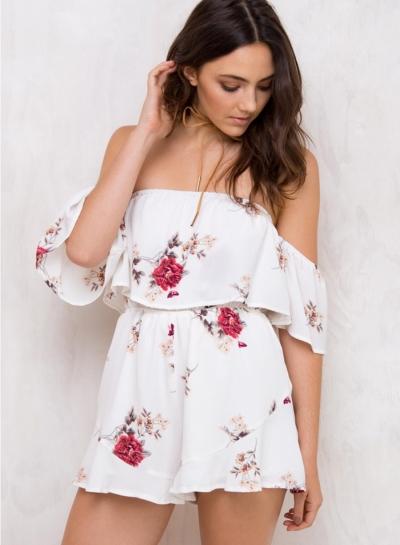 Oasap Floral Print Slash Neck Off Shoulder Romper