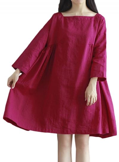 Oasap Women's Casual Solid Color Long Sleeve Loose Fit Linen Dress