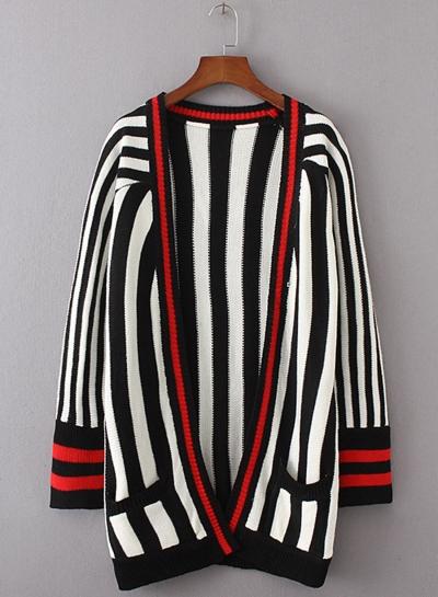 Oasap Striped Long Sleeve Pockets Cardigan Sweater