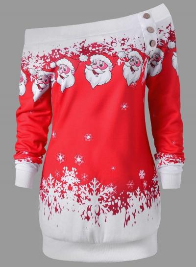 Oasap Slash Neck Long Sleeve Christmas Cartoon Printed Dress