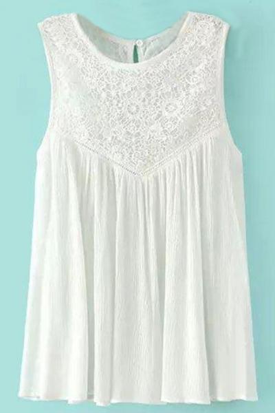 Oasap White Lace Paneled Pleated Vest