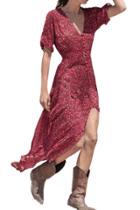 Oasap Fashion Women Floral Print Deep V High Slit Dress