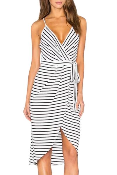 Oasap Women's Spaghetti Strap V Neck Surplice Stripe Dress