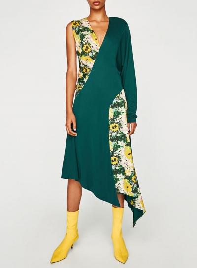 Oasap V Neck Asymmetric Floral Printed Splicing Dresses