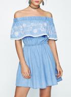 Oasap Off Shoulder Floral Embroidery Ruffle Denim Dress